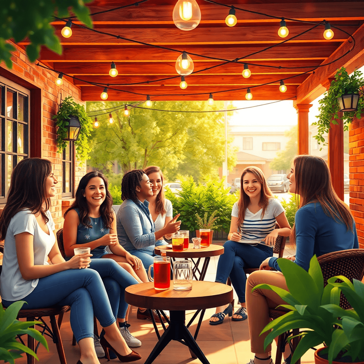 A cozy outdoor gathering in a small town, with young professionals laughing and interacting, surrounded by greenery and local landmarks, showcasing...