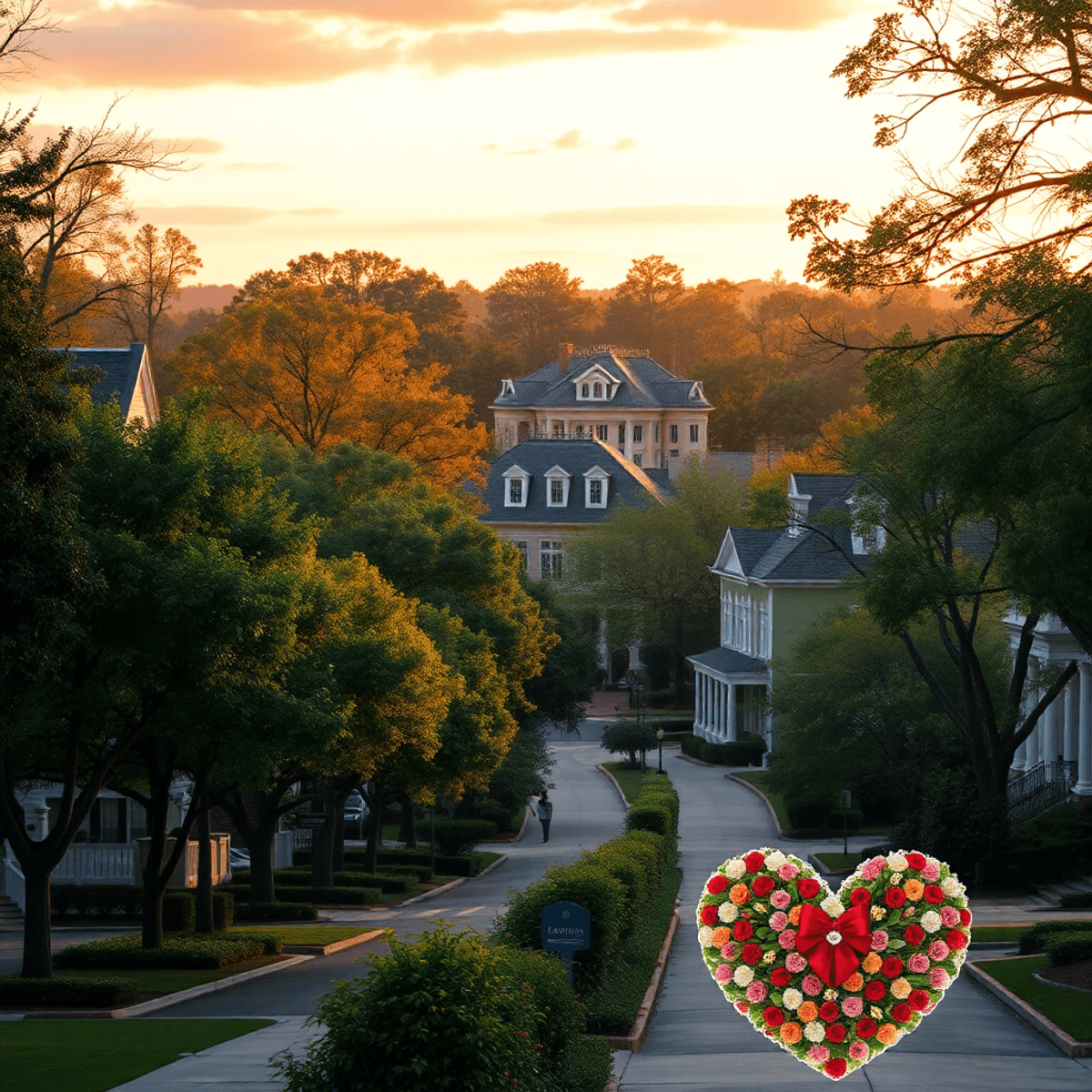 A scenic view of tree-lined streets and historic mansions at sunset, featuring heart-shaped flower arrangements and couples enjoying the romantic a...