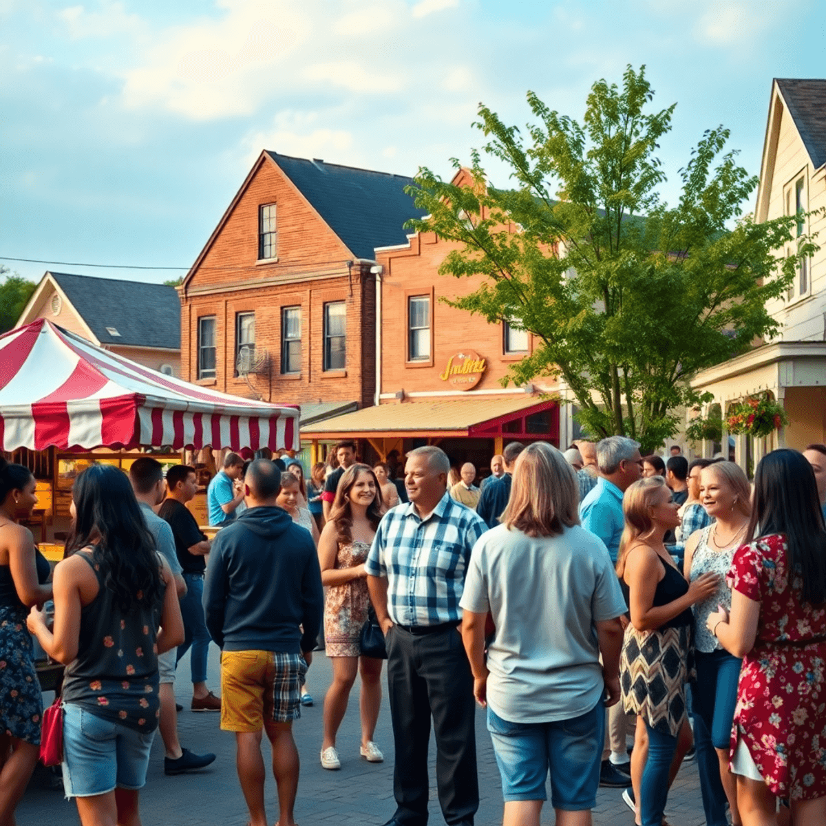 A lively outdoor social event in a small-town community, featuring food stalls, people chatting, and charming town architecture, creating a warm an...