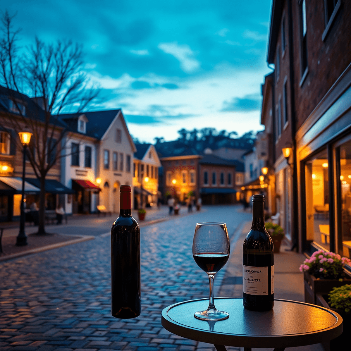 A romantic dusk view of Dahlonega's historic public square, with cobblestone pathways, charming buildings, and soft street lights illuminating a ta...