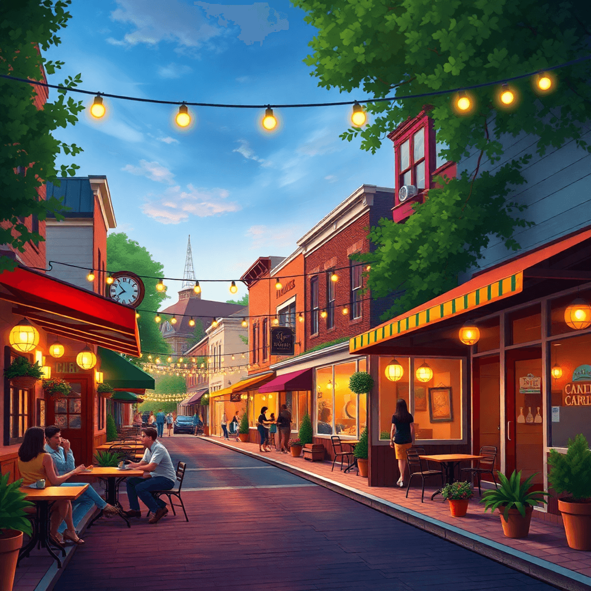 A vibrant small-town street in Centerville, Georgia, with cozy cafes, outdoor seating, string lights, and people mingling, creating a welcoming atm...
