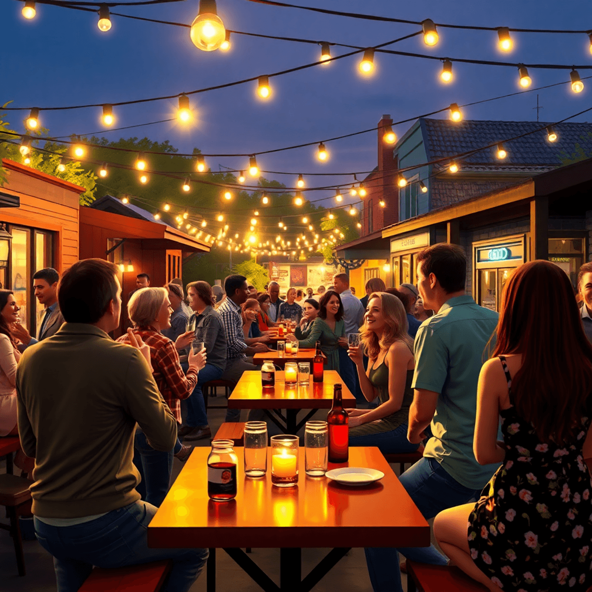 A lively outdoor dating event with string lights, tables, and singles engaging in conversation and laughter, set against a backdrop of quaint build...