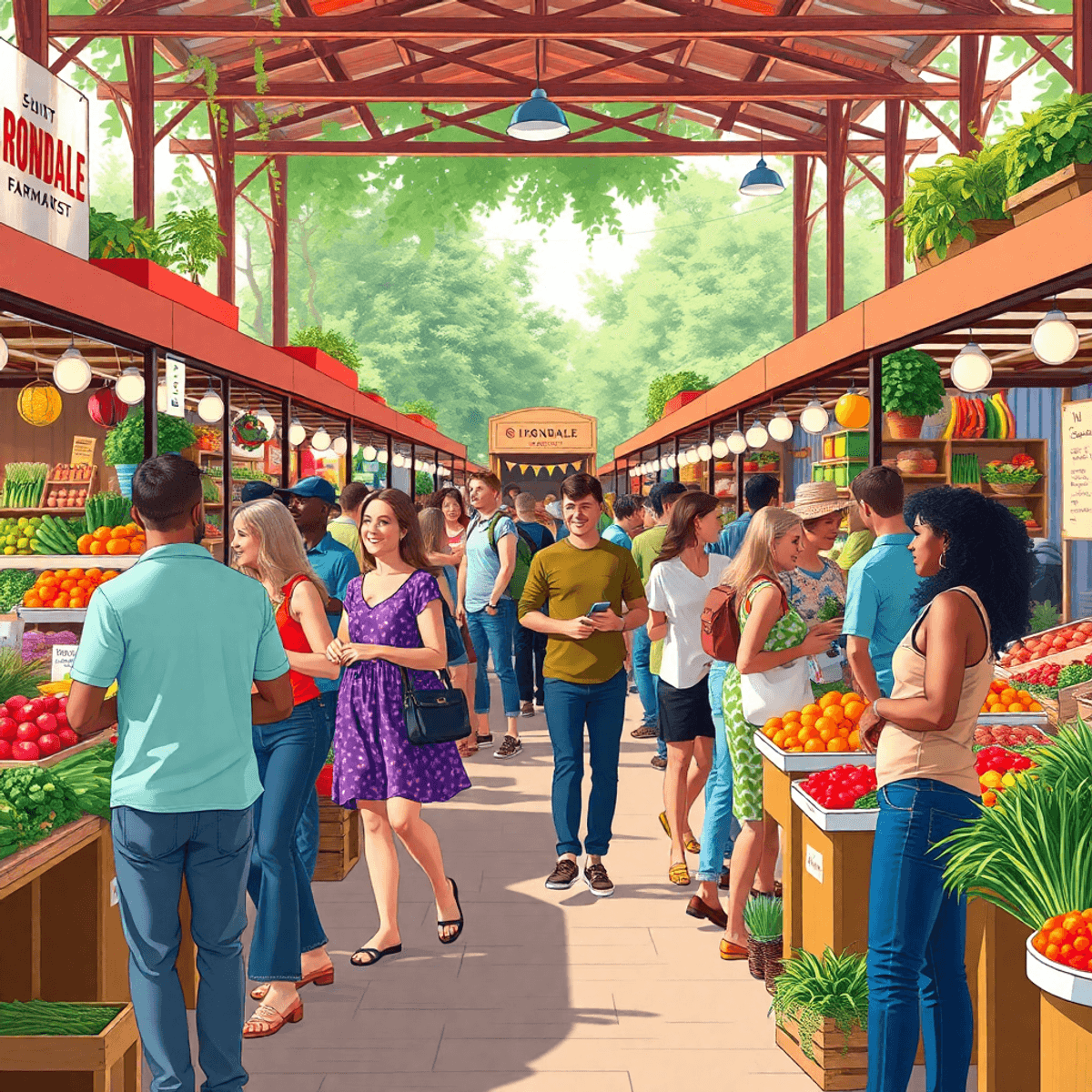 A lively farmers market in Irondale, Georgia, featuring colorful stalls of fresh produce and artisanal goods, with people enjoying conversations an...
