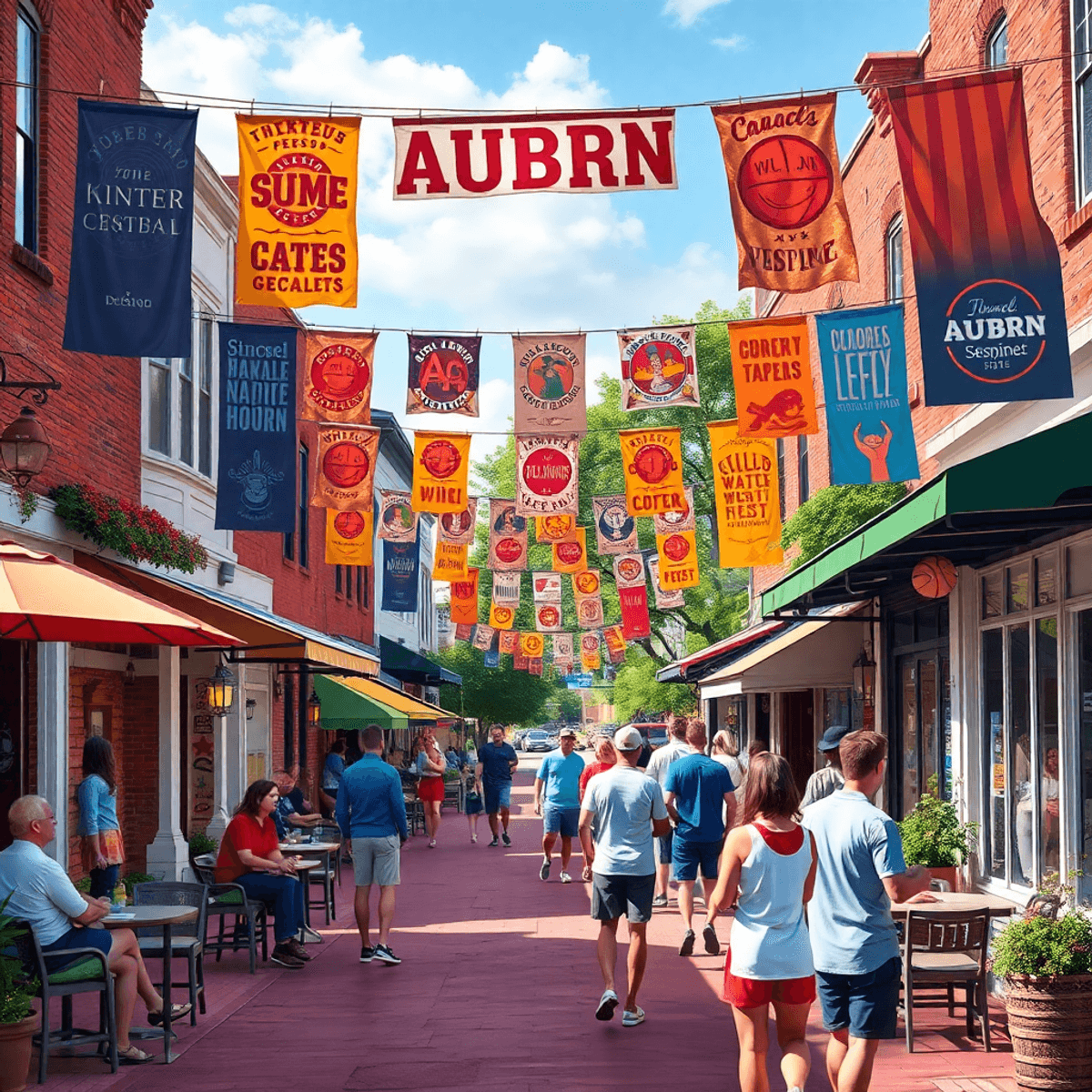 A lively small-town street in Auburn, Georgia, featuring colorful event banners, outdoor cafes, friendly conversations, and sports enthusiasts play...
