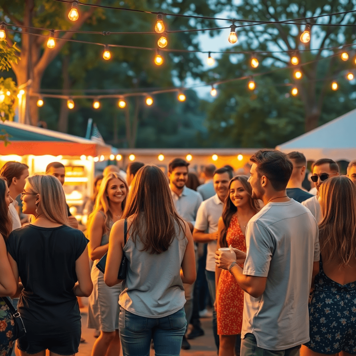 A lively outdoor social event in Thomson, Georgia, with singles chatting, enjoying live music, and surrounded by string lights and food stalls, cre...