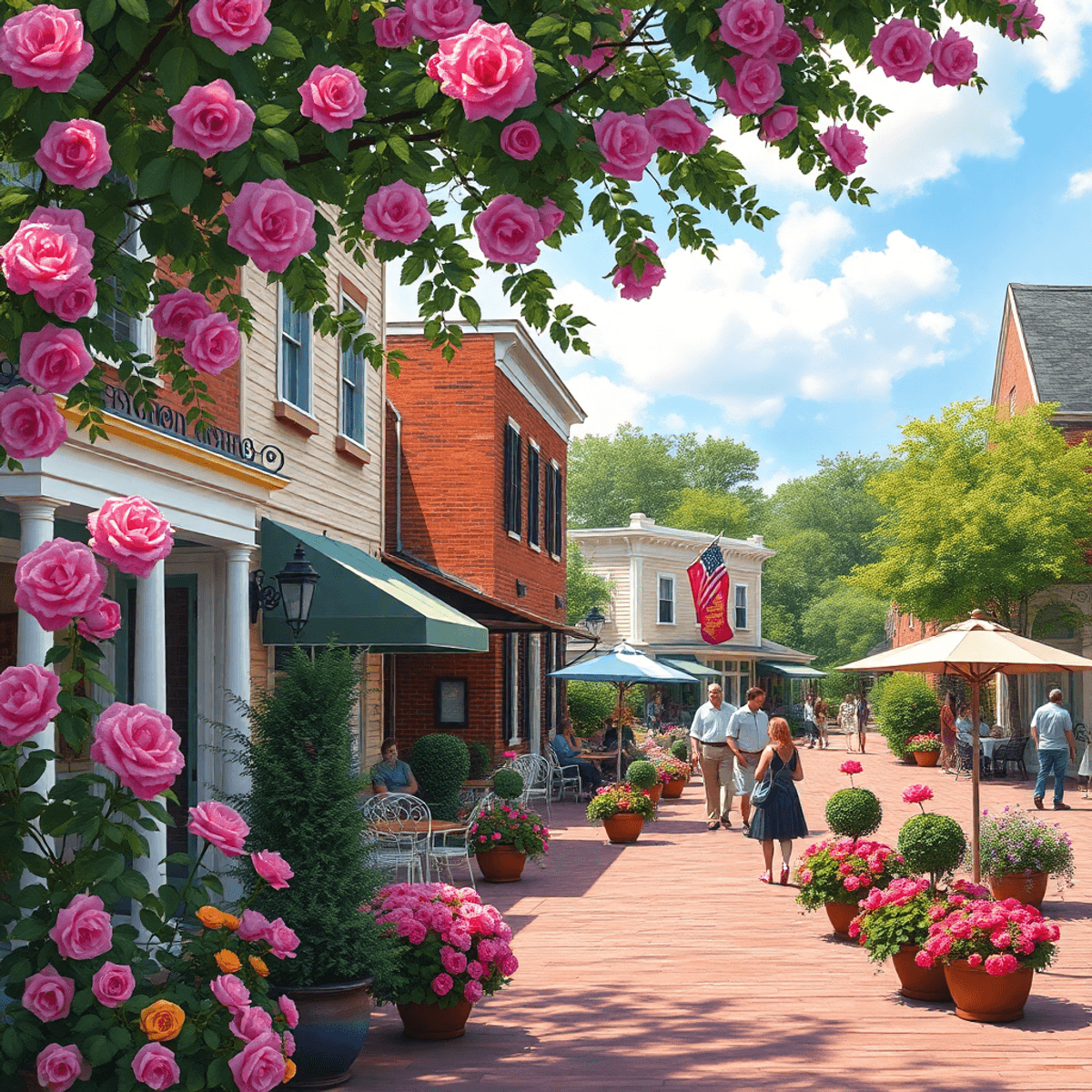 A vibrant Southern town square in Thomasville, Georgia, showcasing blooming rose gardens and cozy outdoor cafes filled with people enjoying friendl...