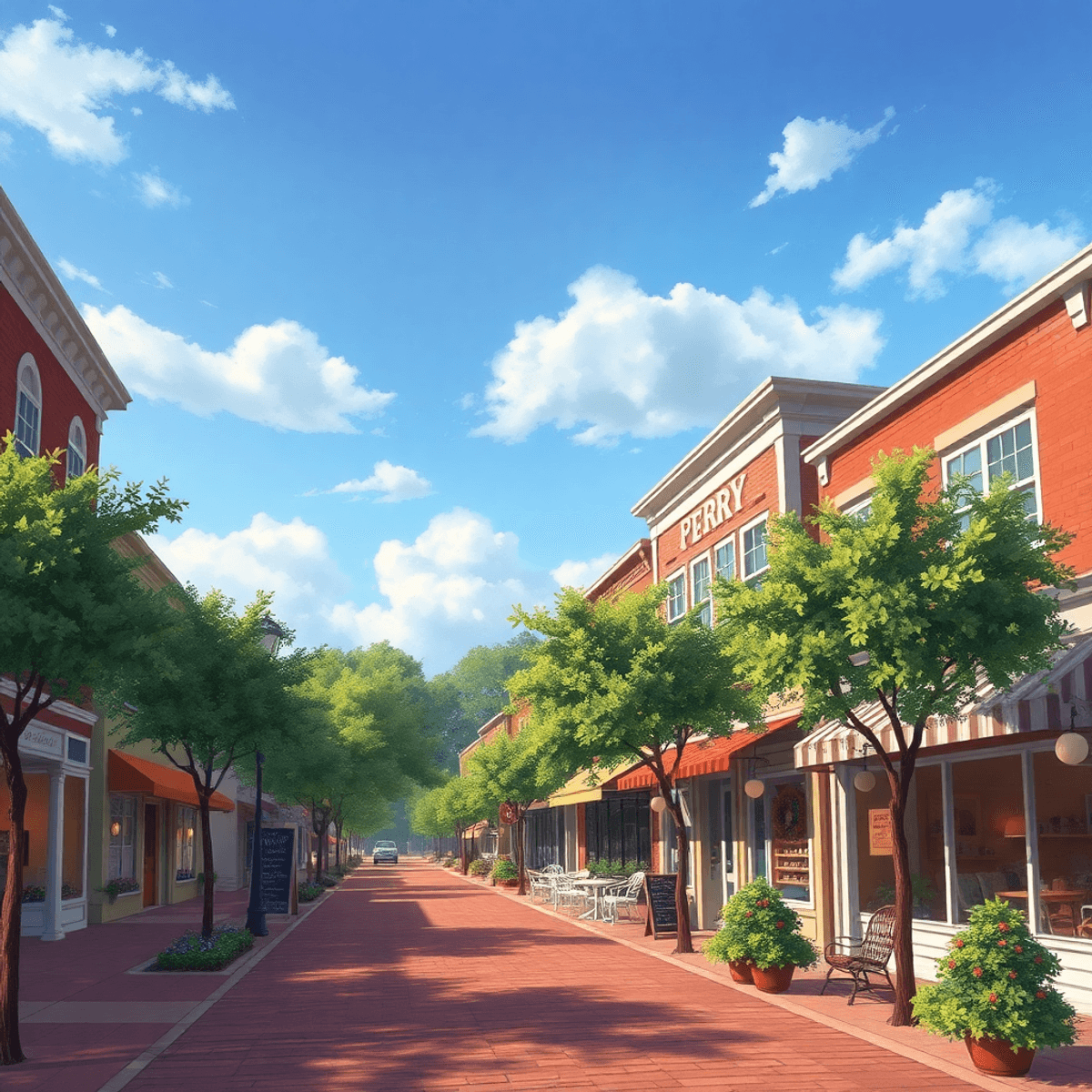 A picturesque downtown scene in Perry, Georgia, with tree-lined streets, charming boutiques, and cozy cafes, radiating warmth and Southern charm.