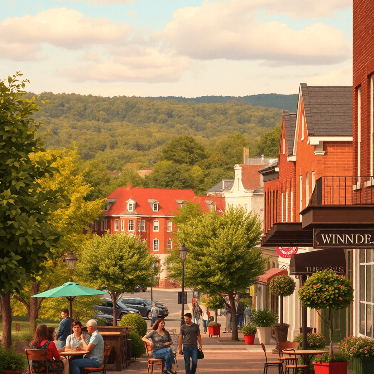 A cozy café in Winder, Georgia, with people chatting on tree-lined streets and charming historic buildings in the background, creating a warm, invi...