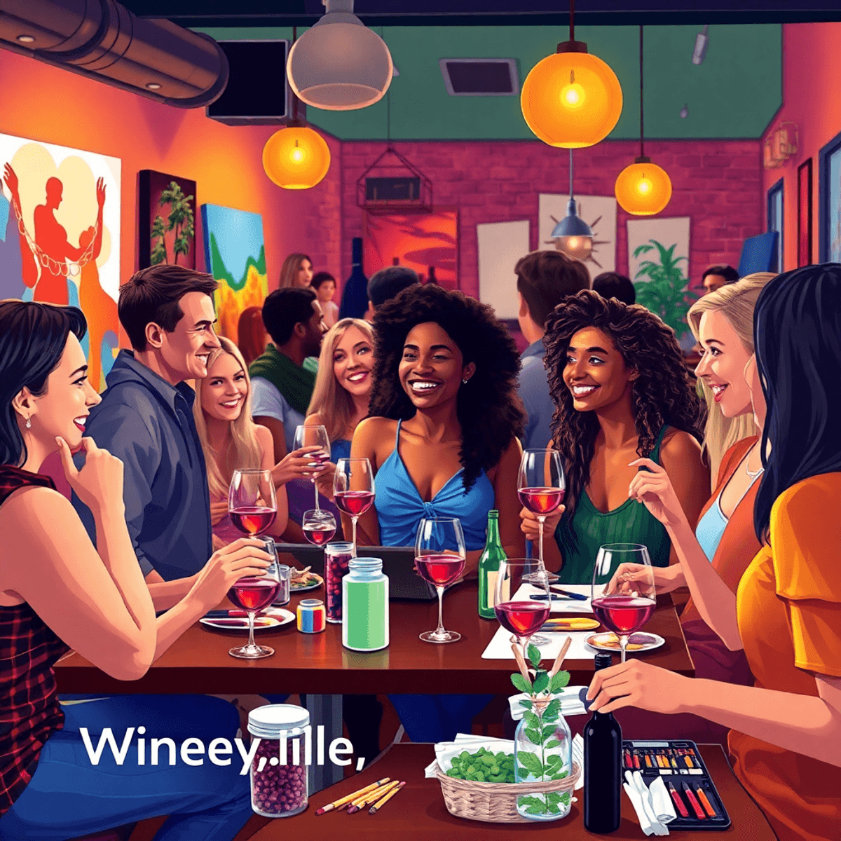 A lively wine and paint night in Fayetteville, featuring a group of singles joyfully interacting, surrounded by colorful art supplies and a warm, i...