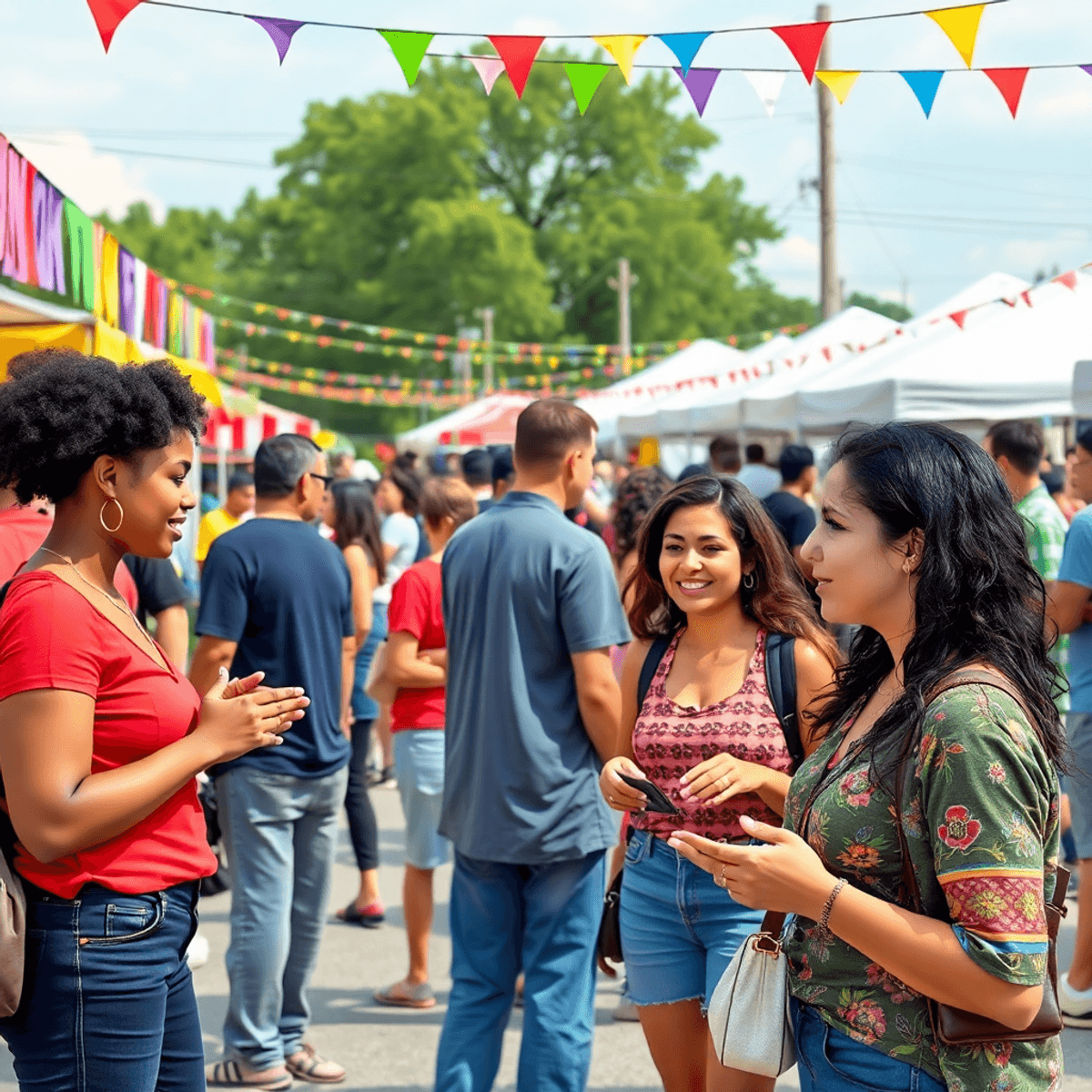 A lively outdoor community event in Union City with colorful decorations, food stalls, and singles engaged in casual conversations, celebrating con...