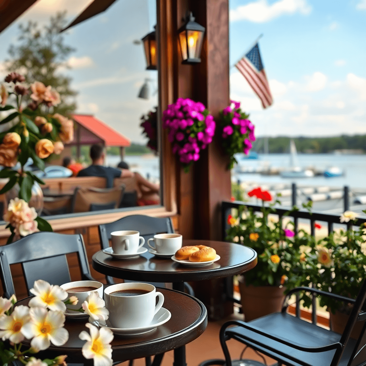 A cozy coffee shop in Acworth, Georgia, with outdoor seating, a table set with coffee and pastries, blooming flowers, and a view of Lake Acworth in...