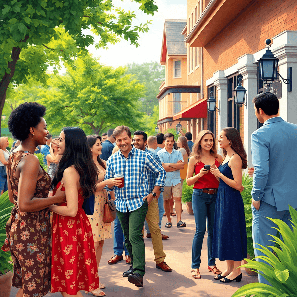 A lively outdoor social event in McDonough, Georgia, with singles chatting and laughing amidst lush greenery and classic Southern architecture, cre...