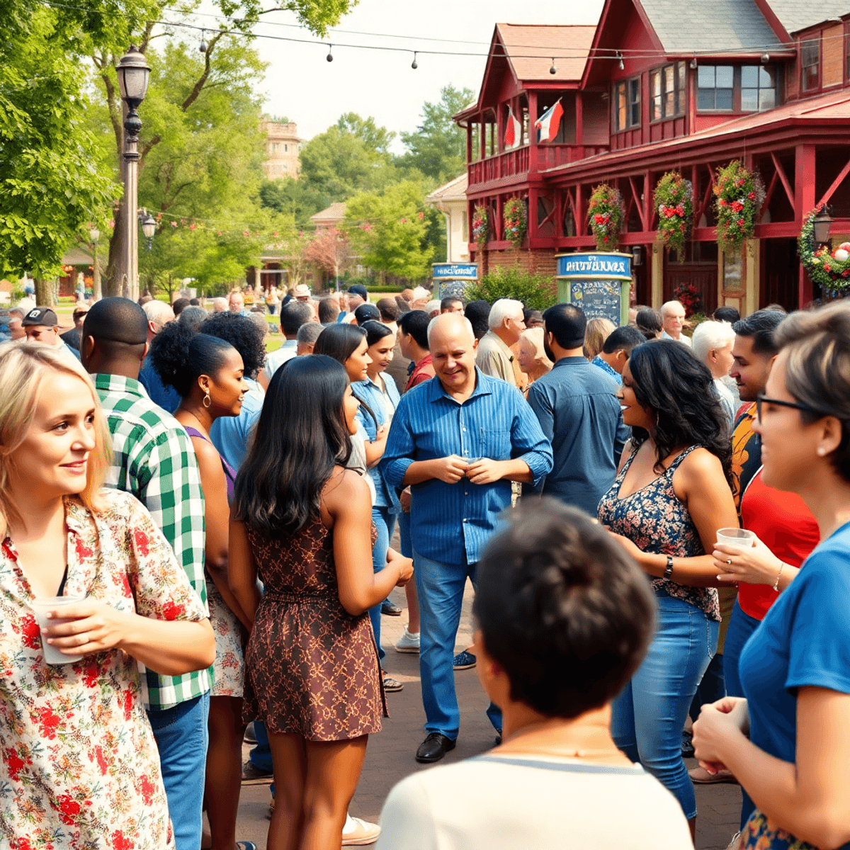 A lively community gathering in Forest Park, Georgia, with people engaging in conversations and activities amidst charming parks and festive decora...