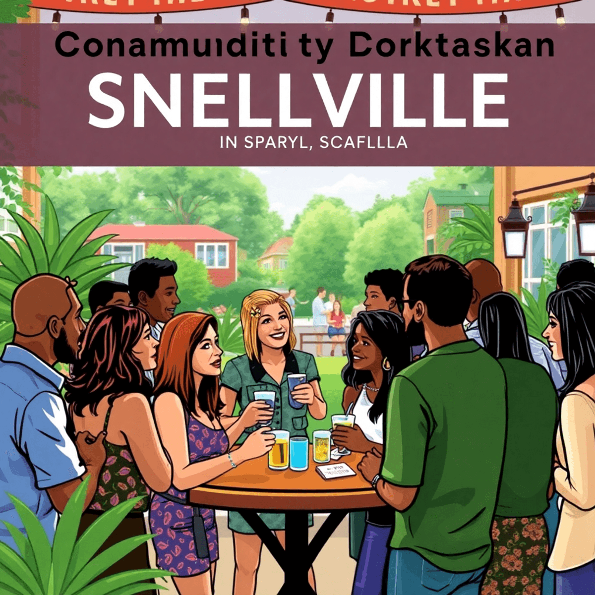 A lively community event in Snellville, Georgia, with singles chatting and enjoying activities amidst greenery and charming local architecture, sym...