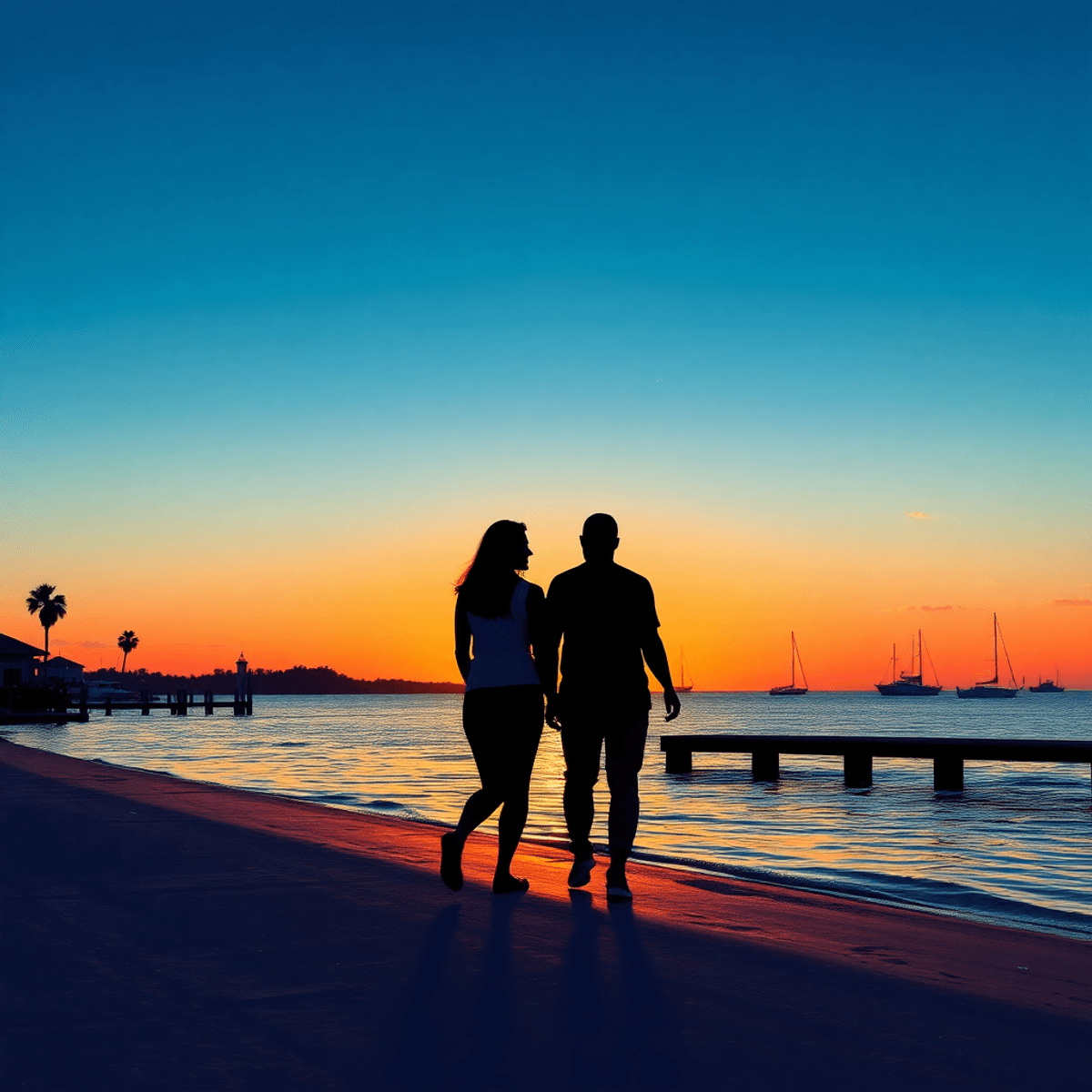 A romantic sunset over the waterfront in St. Marys, Georgia, with silhouettes of two people walking hand-in-hand along the shore, palm trees, and d...