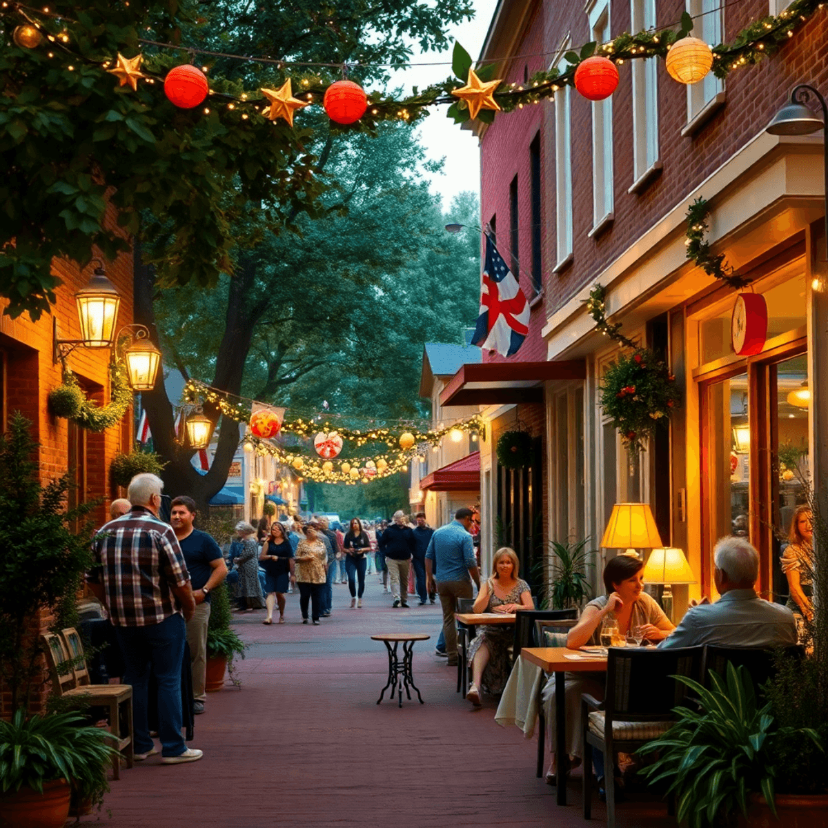 A cozy small-town street in Hazlehurst, Georgia, decorated for a local event, featuring couples dining at a restaurant amidst lush greenery and fes...