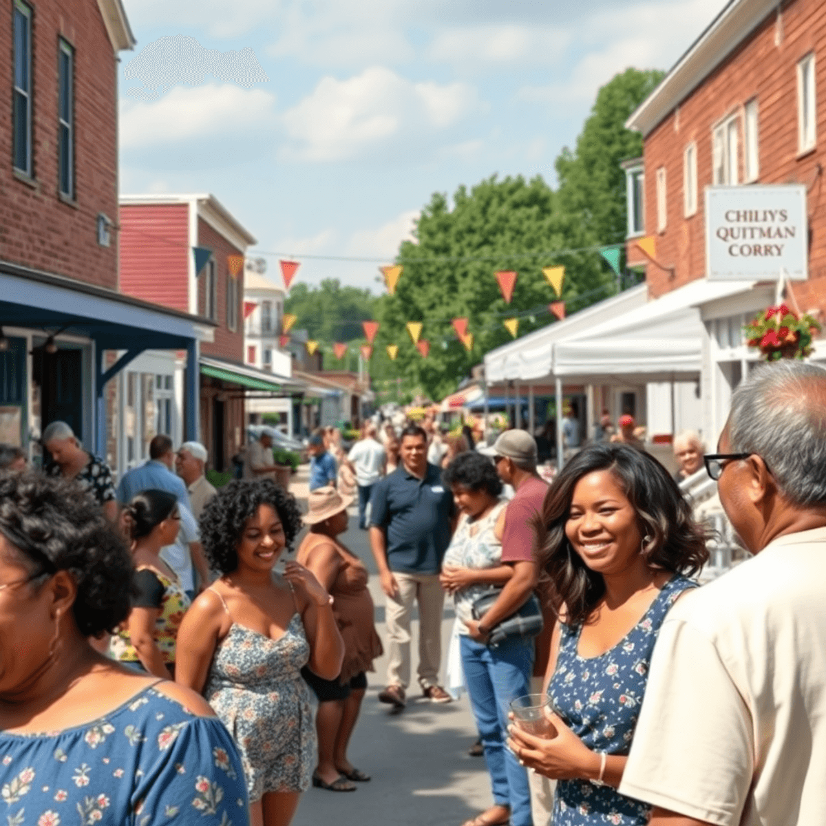 A vibrant small-town festival in Quitman, Georgia, showcasing colorful decorations, food stalls, and people enjoying friendly conversations and out...
