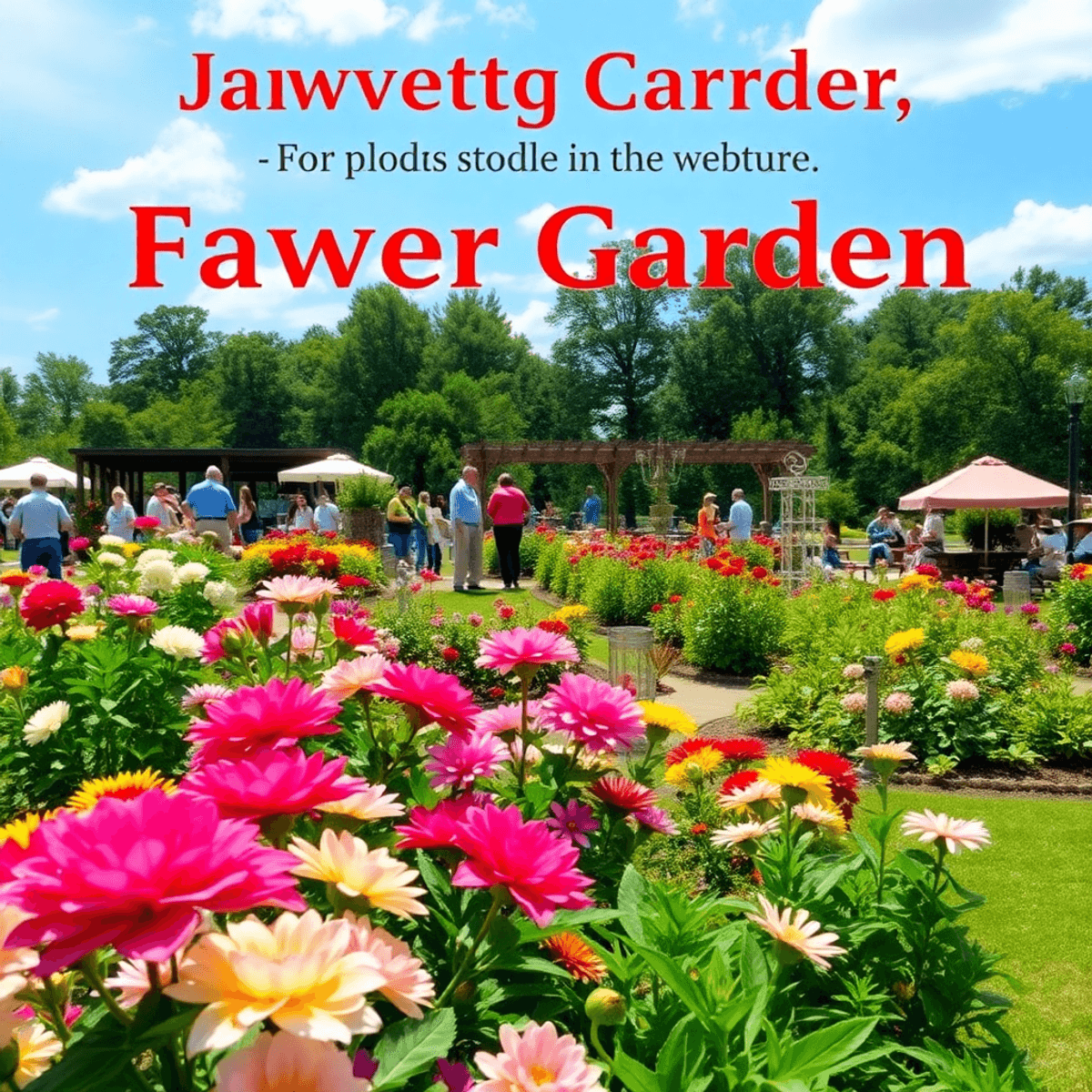 A lively flower garden in Jasper, Georgia, bursting with colorful blooms and greenery, featuring picnic blankets and small groups enjoying the vibr...
