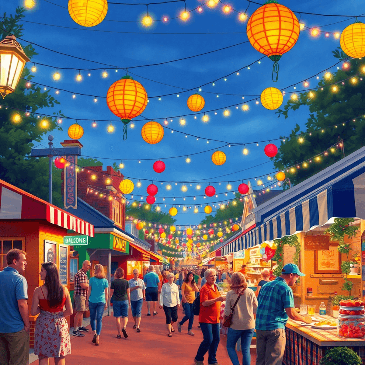 A lively small-town festival in Baldwin, Georgia, with colorful decorations, people chatting, enjoying food stalls, and engaging in fun activities,...