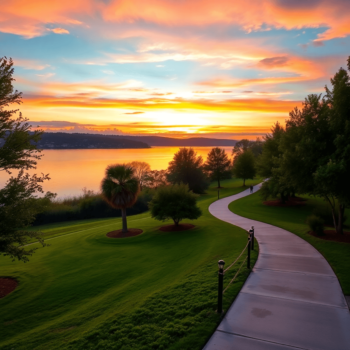 A serene lakefront park at sunset, with vibrant colors reflecting on the water, surrounded by lush greenery and inviting walking trails, creating a...