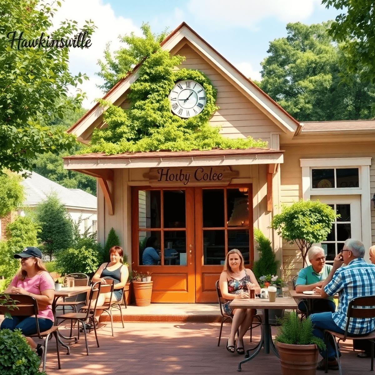 A cozy coffee shop with outdoor seating in a small town, surrounded by greenery, where people enjoy their time together, creating a warm and inviti...