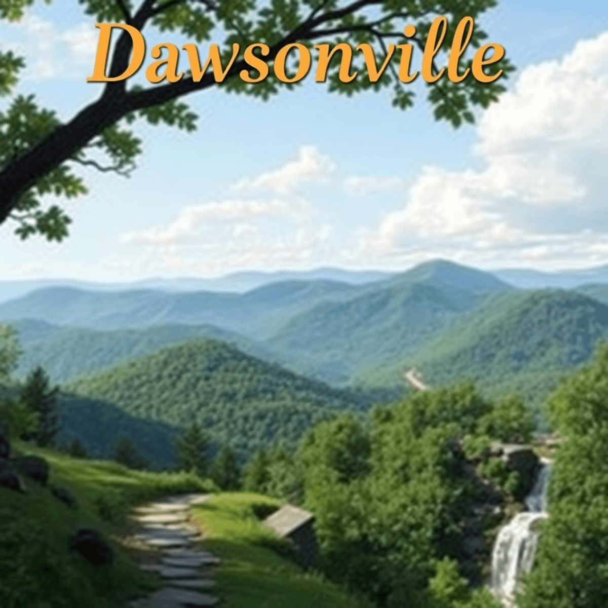 A scenic view of Dawsonville, Georgia, showcasing mountain vistas, lush greenery, a peaceful hiking trail, and a serene waterfall, evoking romance ...