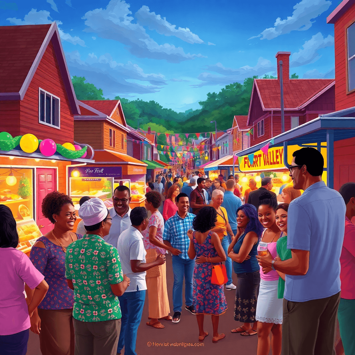 A lively community gathering in Fort Valley, Georgia, featuring colorful decorations, food stalls, and smiling people enjoying conversations and ou...