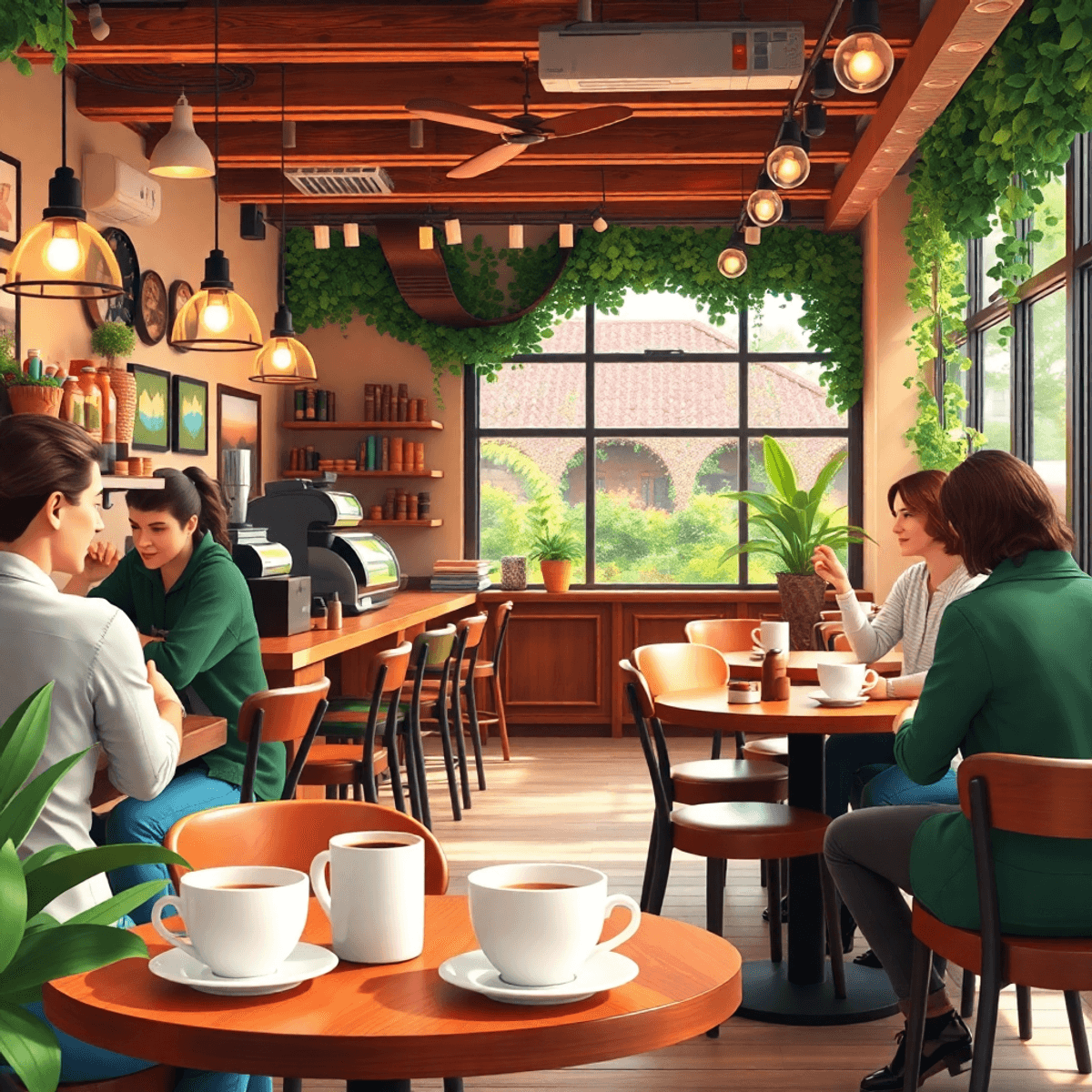 A cozy coffee shop scene with steaming cups, friendly baristas, and people chatting at small tables, surrounded by greenery and local decor, exudin...