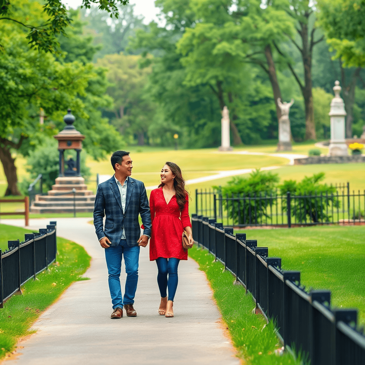 A couple walks hand-in-hand along a scenic path in a historical park, surrounded by Civil War monuments and lush greenery, evoking romance and tran...
