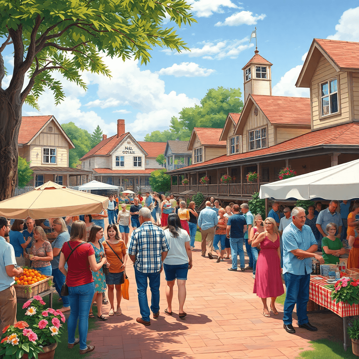 A lively Southern town scene with a charming country club, people socializing at farmers markets and festivals, capturing the warmth and connection...