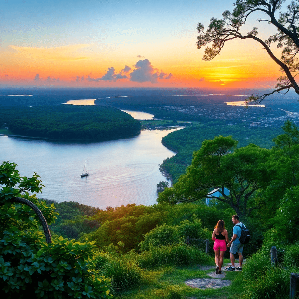 A scenic view of Skidaway Island with lush greenery, serene landscapes, and a romantic sunset, featuring couples enjoying nature trails and outdoor...