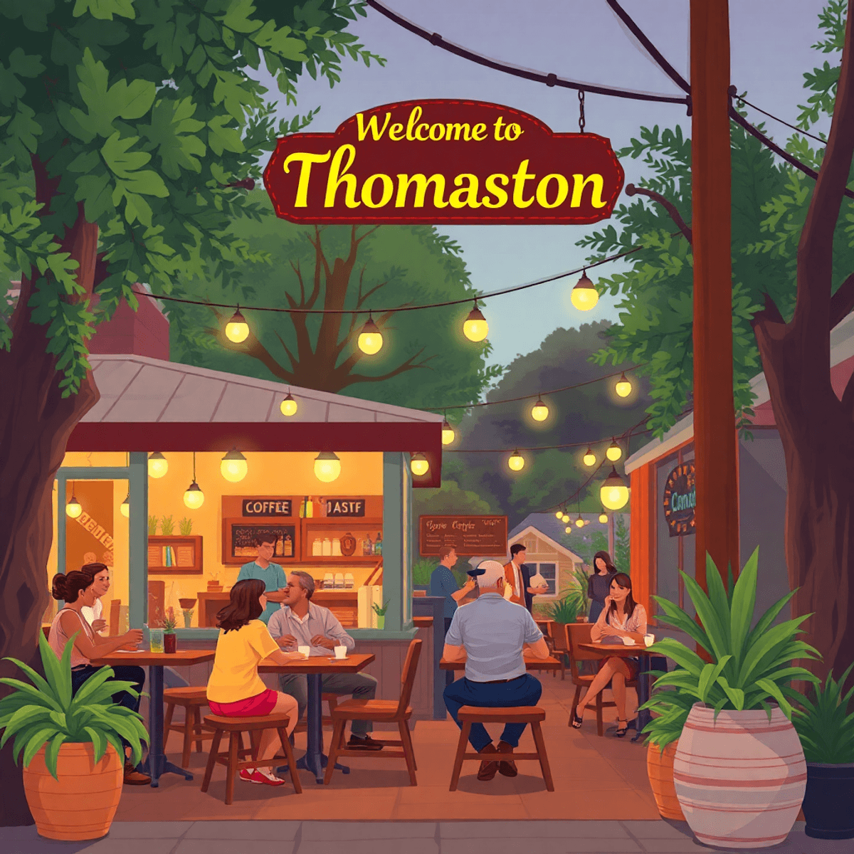 A vibrant coffee shop in a cozy southern town, with people socializing outside amidst greenery and a welcoming sign reading "Welcome to Thomaston."