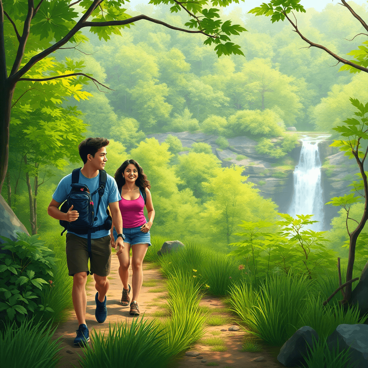 A scenic hiking trail surrounded by lush greenery, with a beautiful waterfall in the background. Two hikers enjoy the adventure together in a warm,...