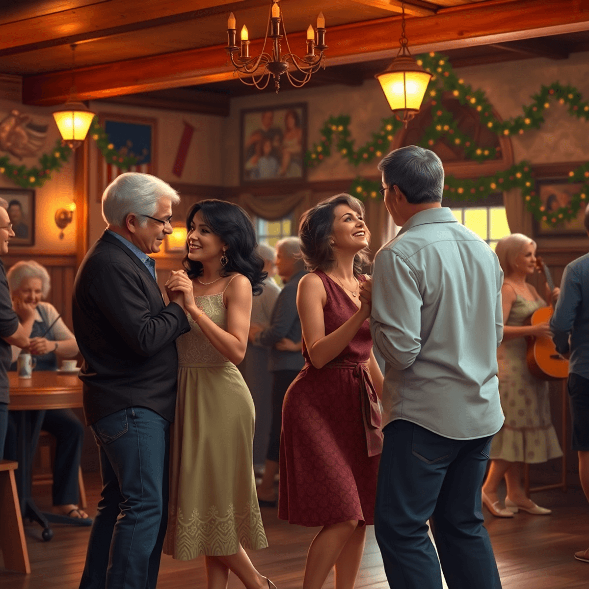 A cozy dance hall filled with couples enjoying a lively dance, warm lighting, musical instruments in the background, and festive decorations creati...