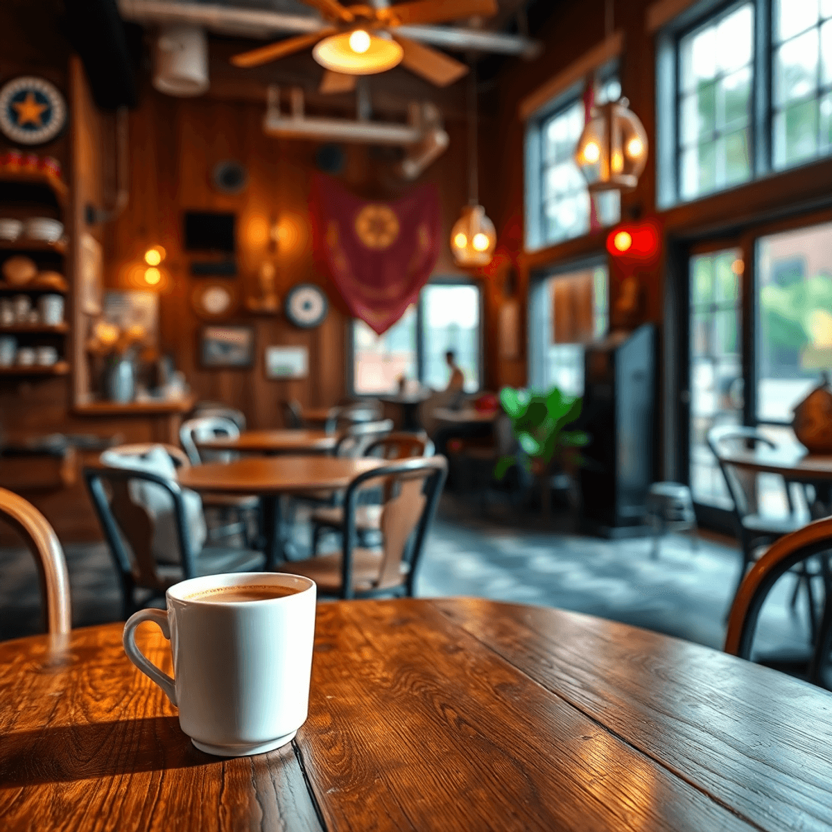 A cozy coffee shop scene with a steaming cup of coffee on a rustic table, soft lighting, and military decor, creating a warm and inviting atmospher...