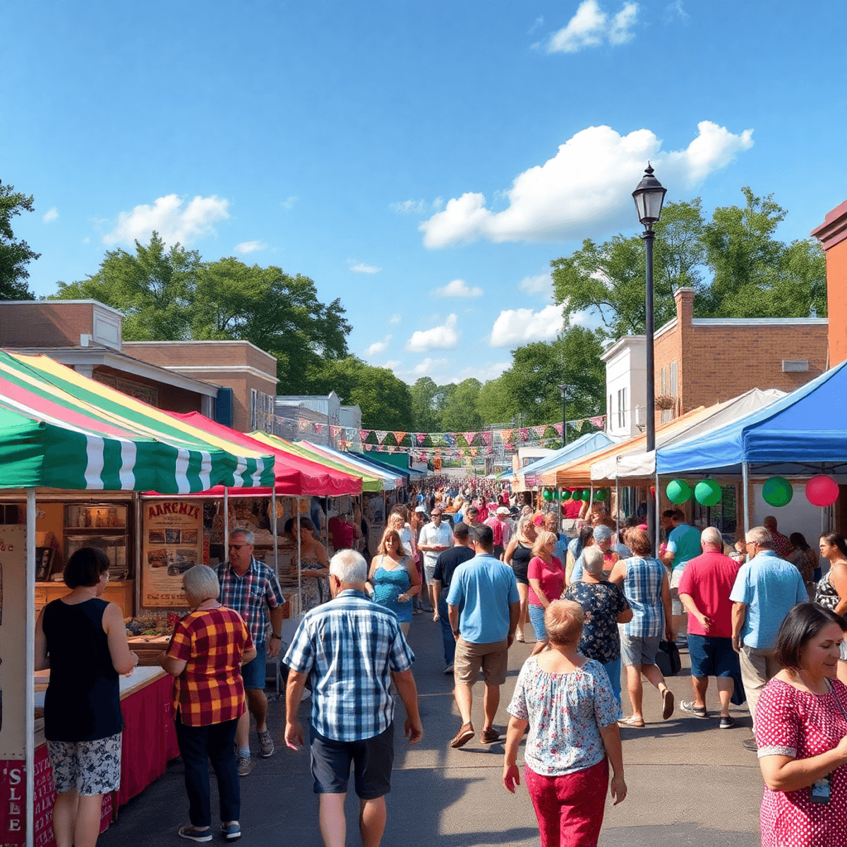 A lively outdoor community event in a small Southern town, with colorful booths, people mingling, food vendors, and festive decorations celebrating...