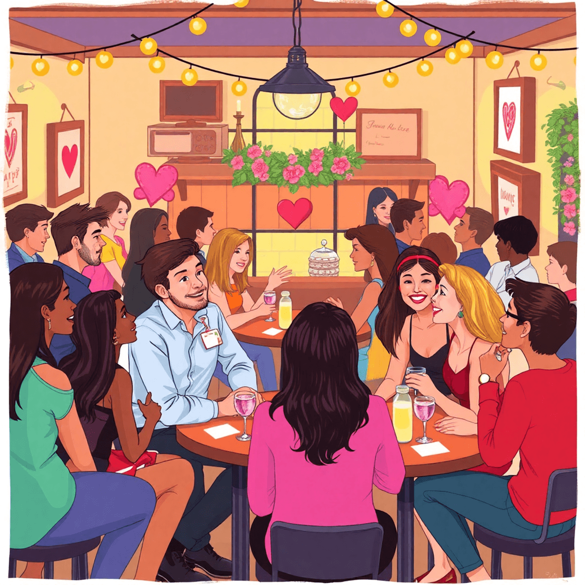 A cozy speed dating event illustration with singles chatting at small tables, name tags visible, and romantic elements like hearts and flowers in a...
