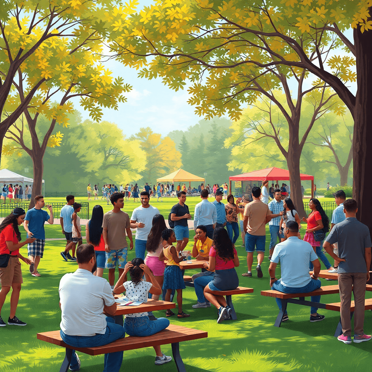 A lively park scene with a diverse group of singles participating in sports, enjoying a cultural festival, and socializing at a picnic area, embody...