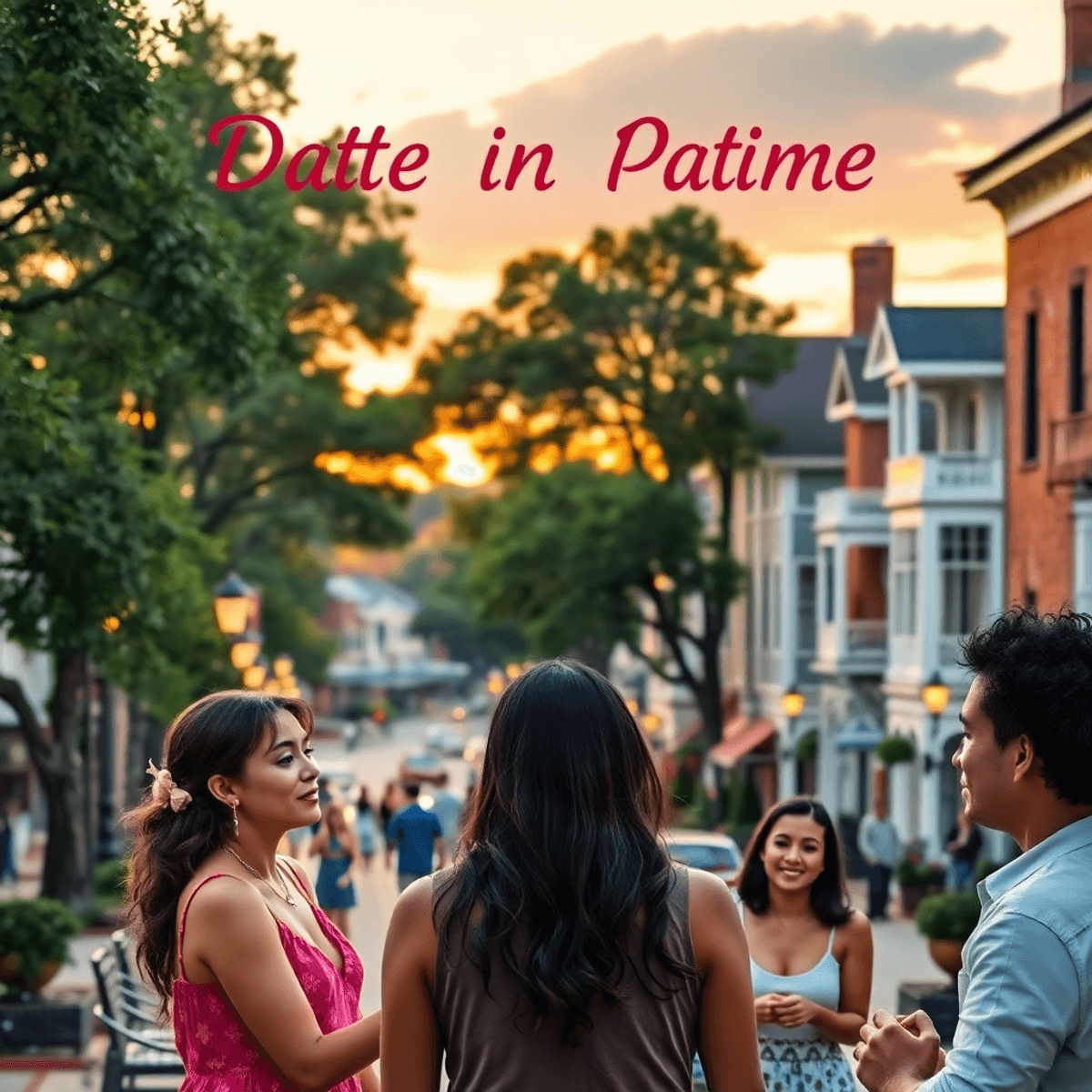 A picturesque Southern town with tree-lined streets, Victorian architecture, and a warm sunset, showcasing people enjoying a casual gathering in a ...