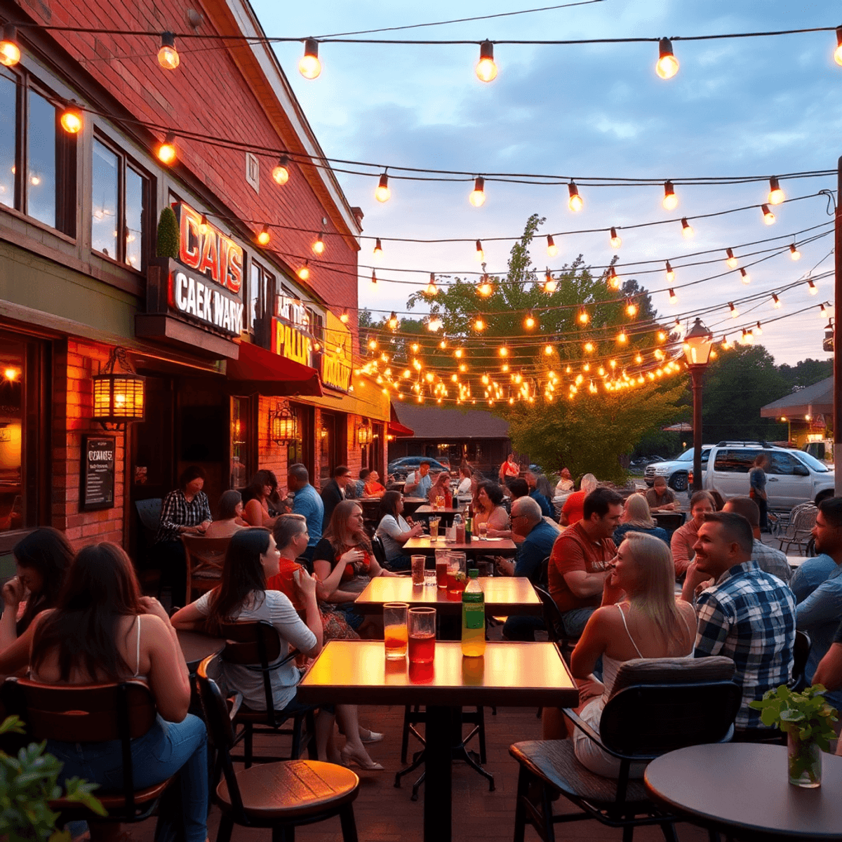 A lively outdoor restaurant patio adorned with string lights, colorful cocktails on tables, and a festive atmosphere, perfect for socializing and e...