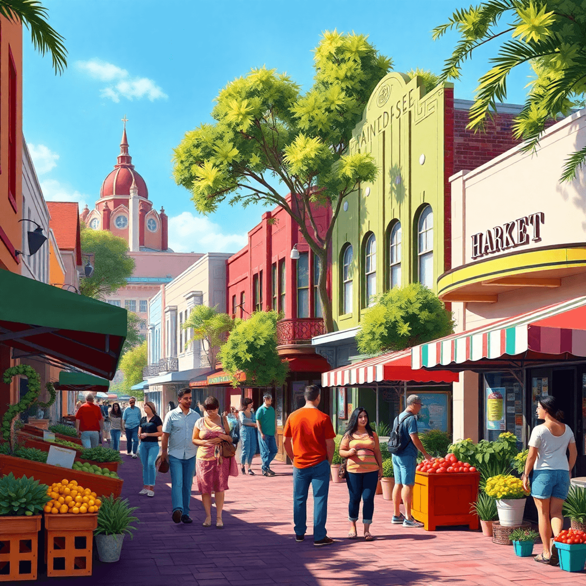 A lively small-town street in East Point, Georgia, showcasing 1930s Art Deco buildings, colorful farmers market stalls, and people enjoying the vib...