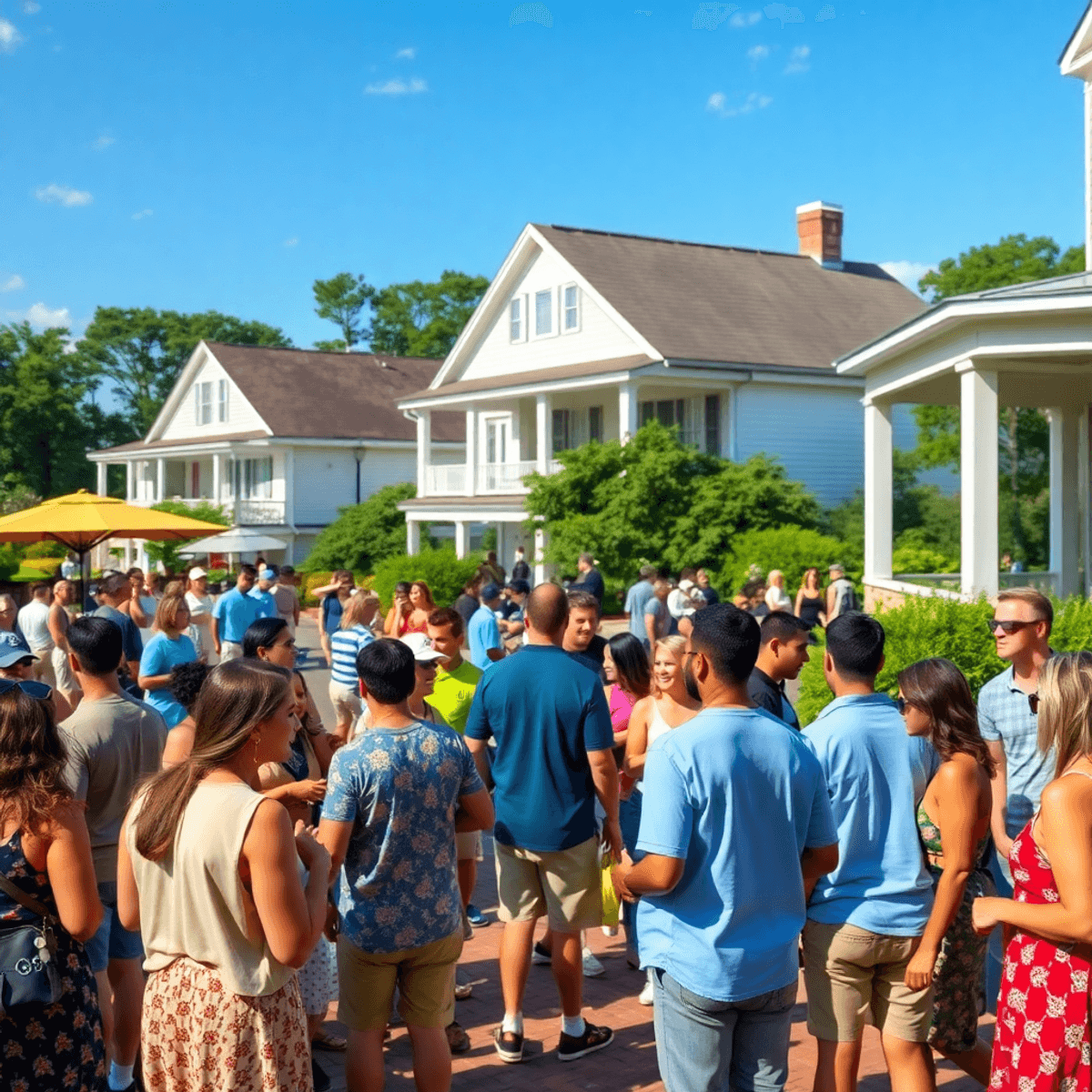 A lively outdoor community gathering in LaGrange, Georgia, featuring singles engaging in activities and conversation amidst charming Southern archi...