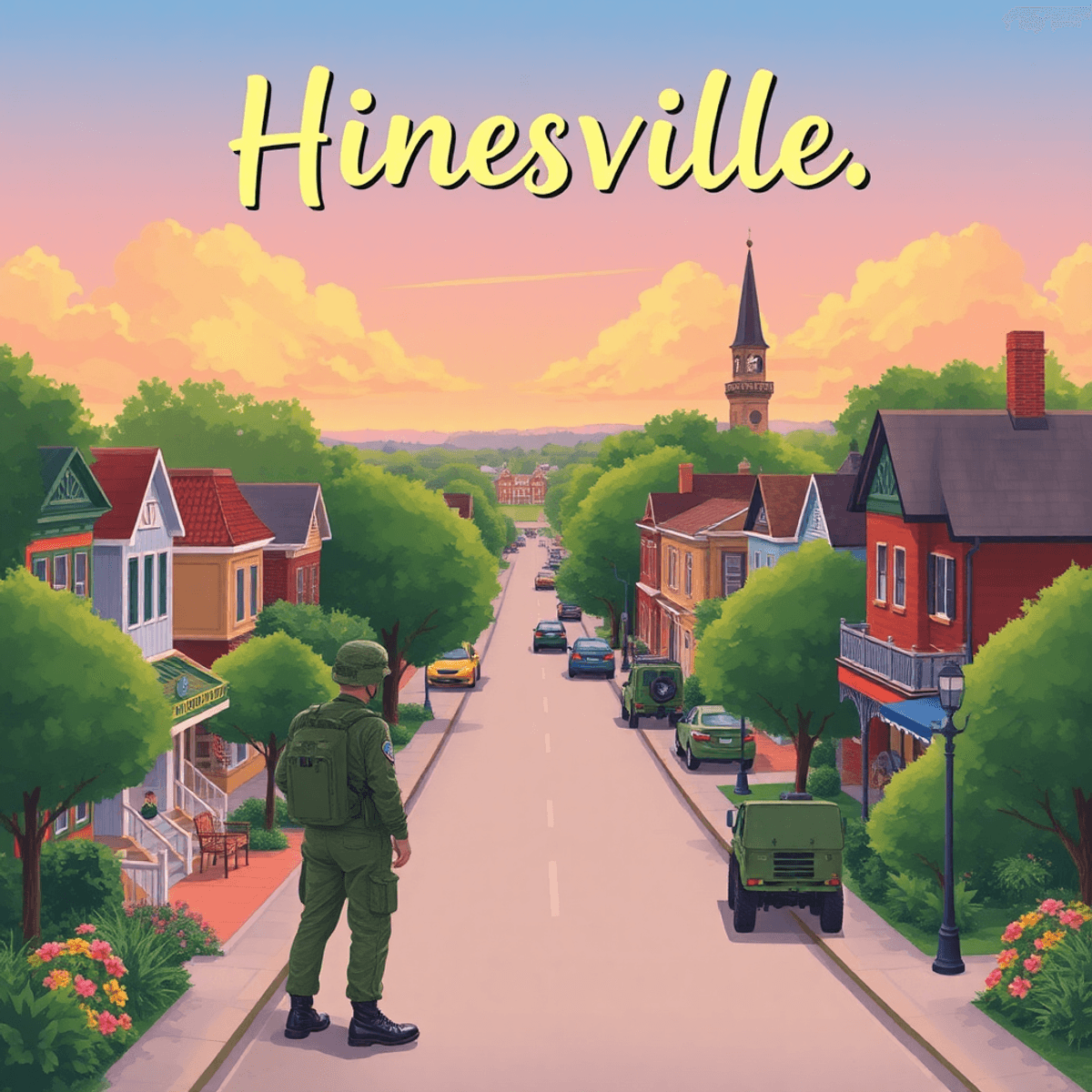 A vibrant illustration of a charming Southern town featuring local landmarks, greenery, and subtle military elements, evoking warmth and community ...