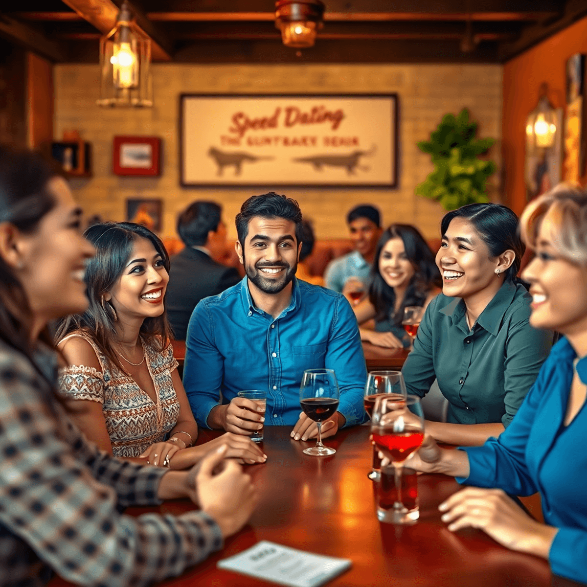A cozy speed dating event with a diverse group of singles smiling and interacting, surrounded by warm decor and elements of Southern hospitality in...