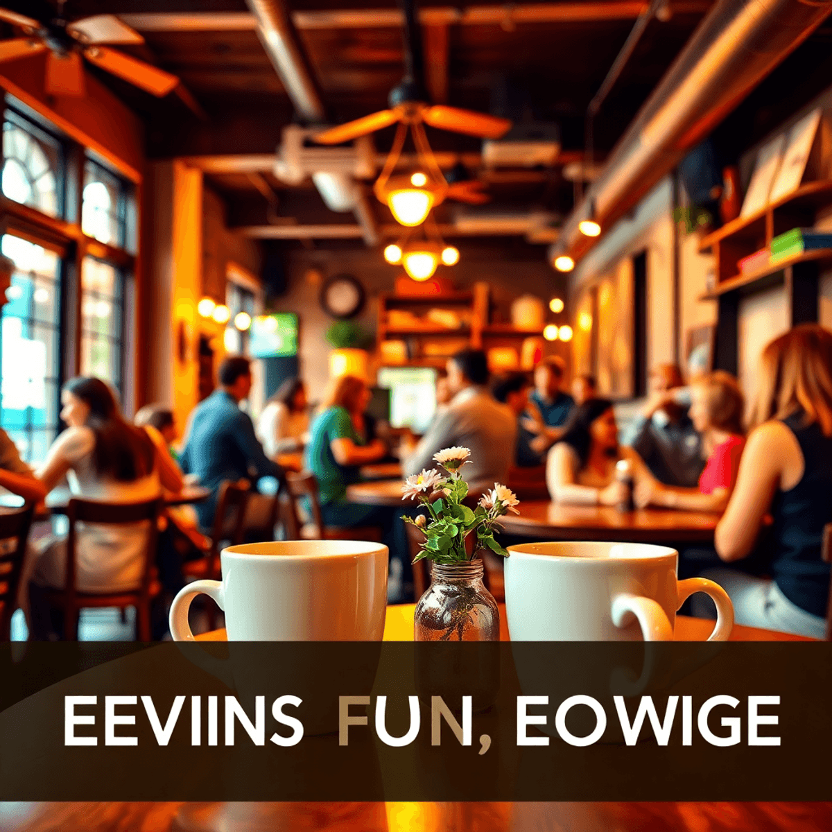 A cozy coffee shop with warm lighting and rustic decor, featuring two coffee cups and a small bouquet on a table, while people engage in conversati...