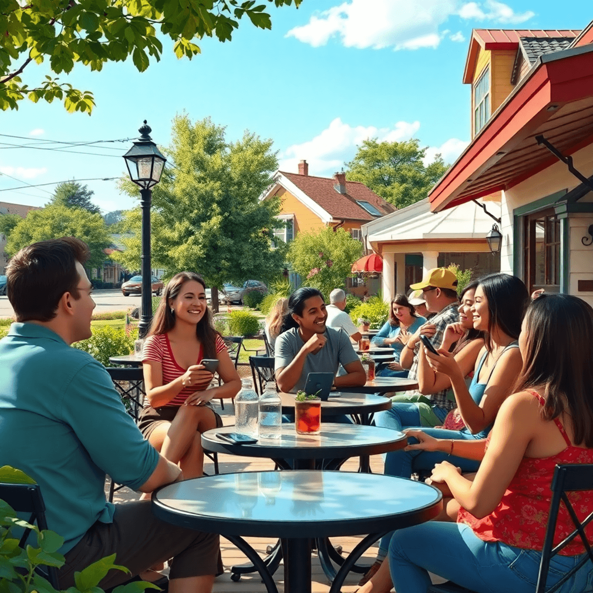 A cozy outdoor café in Milton, Georgia, featuring a group of singles engaged in lively conversation, surrounded by greenery and charming architectu...