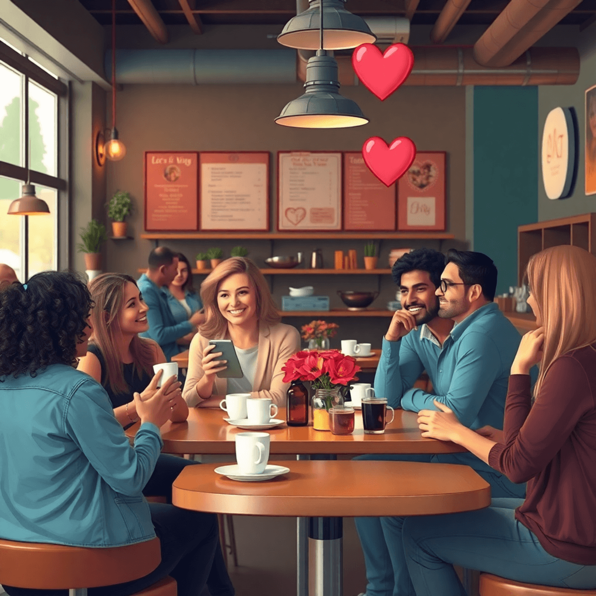 A cozy coffee shop scene with singles mingling, warm lighting, comfortable seating, and subtle romantic decor, creating a welcoming atmosphere for ...