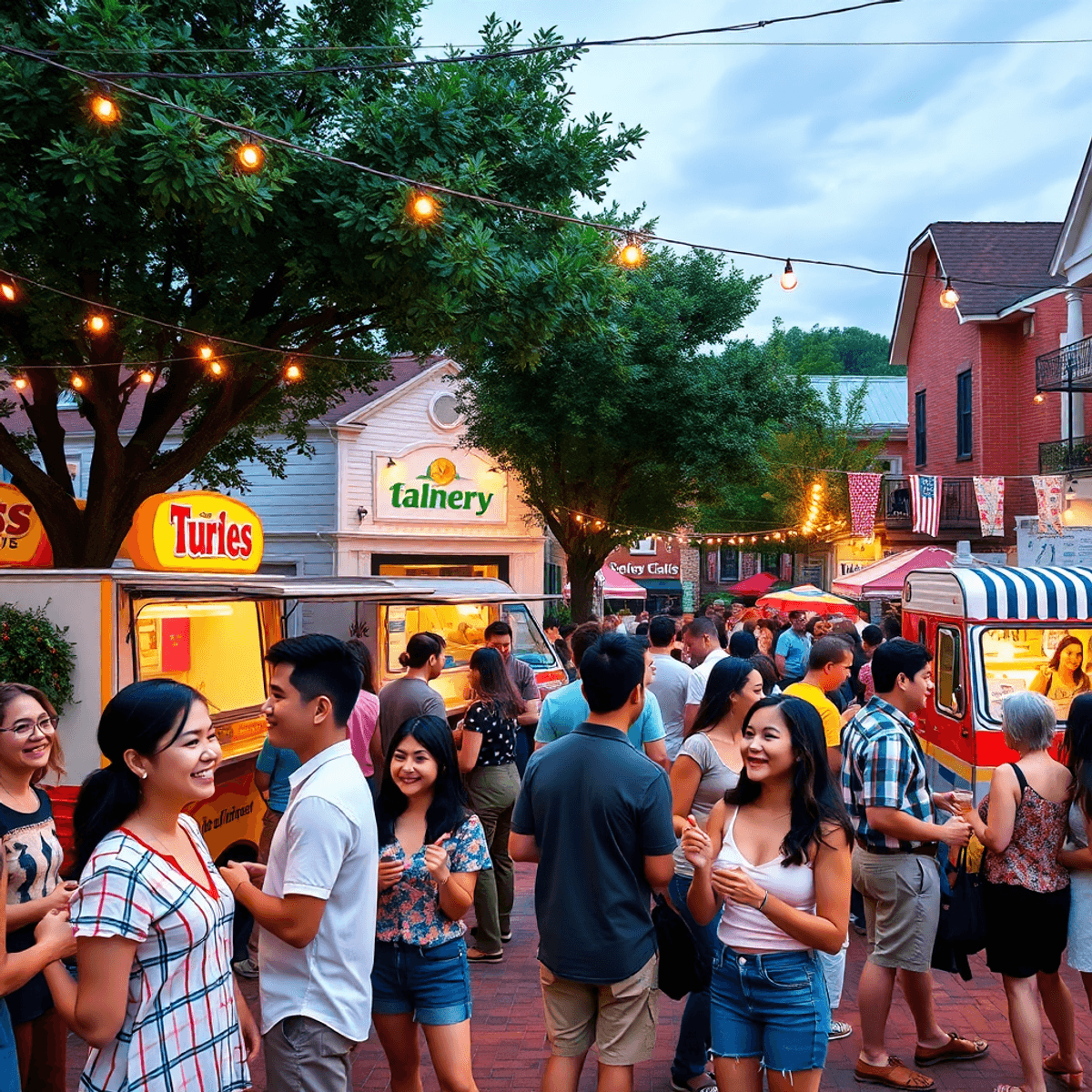 A lively Southern town square filled with people mingling, enjoying food trucks, and participating in fun activities under string lights and colorf...