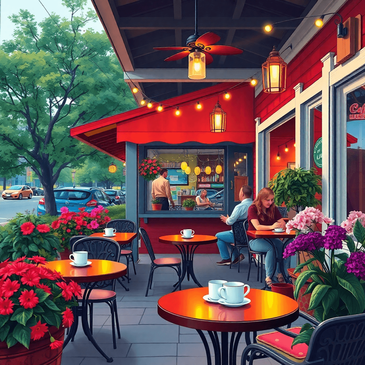 A cozy outdoor cafe in Lawrenceville, Georgia, with colorful flowers, warm lighting, and people enjoying coffee and conversation, reflecting Southe...