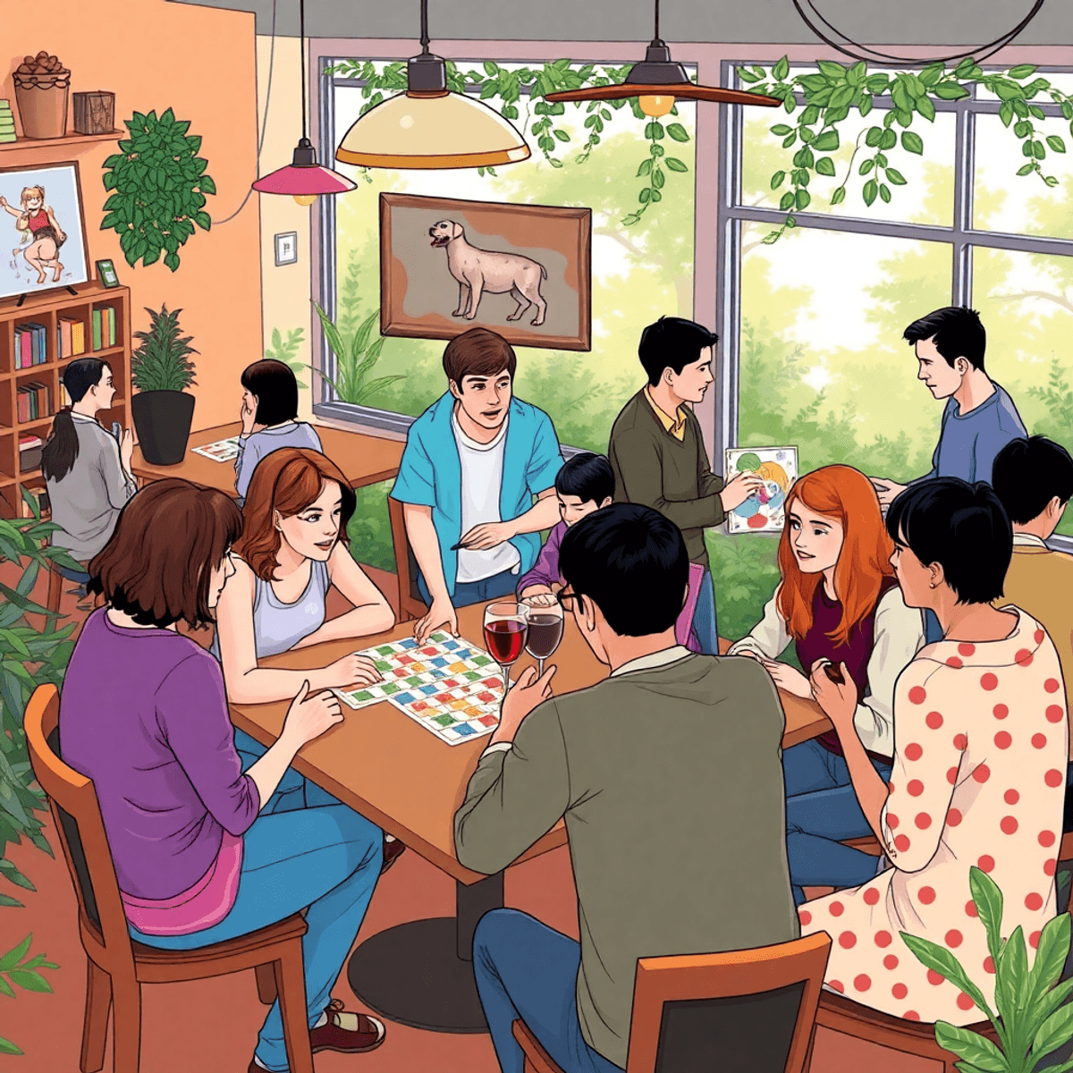 A vibrant café scene with singles playing board games, a paint and sip workshop, and a hiking group, set against Duluth's charming suburban backdrop.